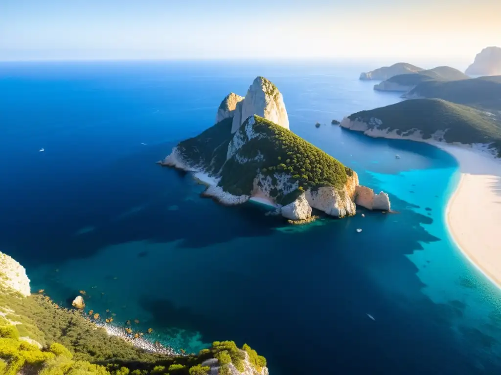 Espectacular isla Es Vedrà emergiendo de aguas azules, bañada en luz dorada, con un aura mística y encantadora