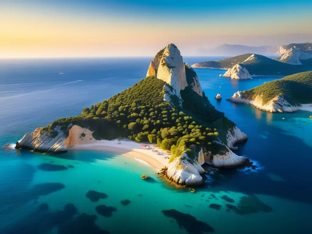 Espectacular isla Es Vedrà bañada por la luz dorada del sol, con acantilados escarpados y aguas azules del mar Mediterráneo