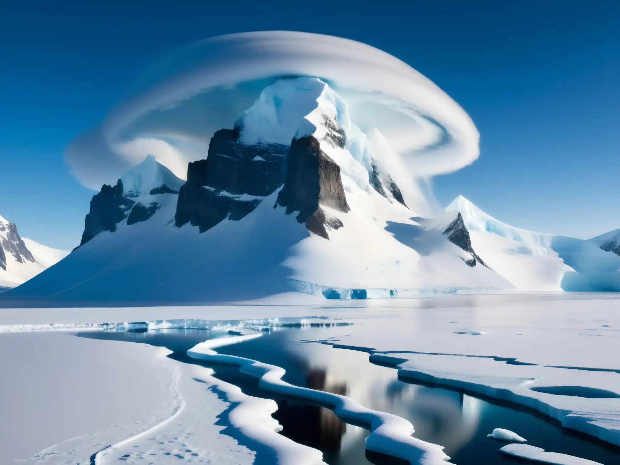 Espectacular paisaje antártico con estructura misteriosa entre nieve y niebla, evocando bases alienígenas, mitos y leyendas