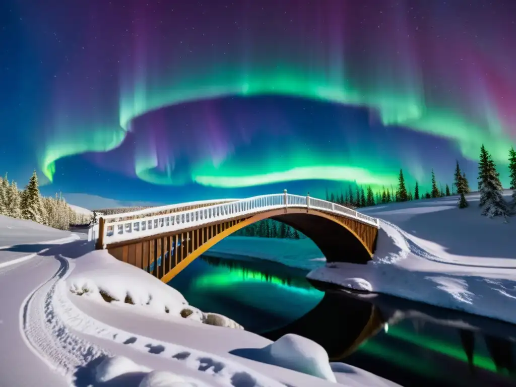 Espectacular Aurora Boreal ilumina paisaje nevado con un puente místico de luz y energía, evocando leyendas y espíritus