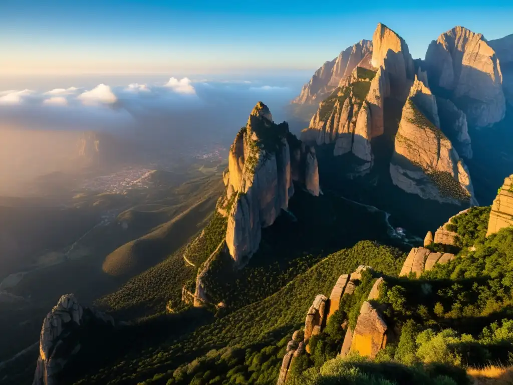 Espectacular paisaje de Montserrat al amanecer, con sus picos rocosos y valles místicos, evocando mitos y leyendas urbanas en Cataluña