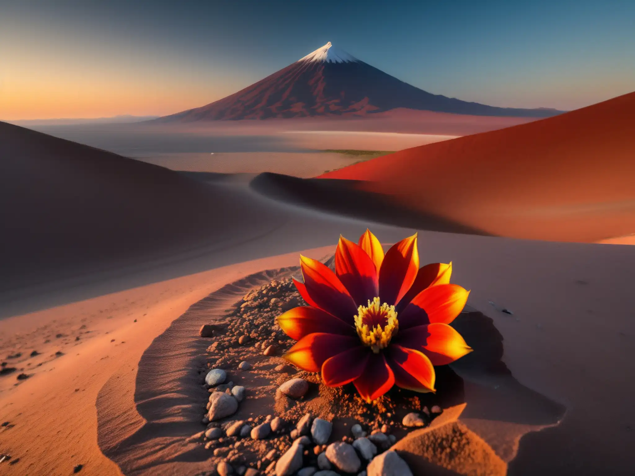 Espectacular puesta de sol en el desierto de Atacama con la leyenda de la Añañuca en primer plano, evocando misterio y belleza