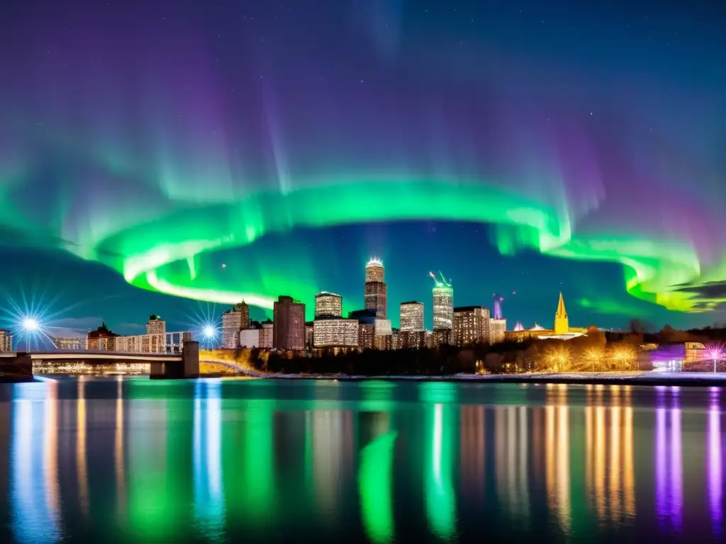 Espectacular skyline urbano al atardecer con auroras boreales iluminando el cielo en tonos verdes y morados