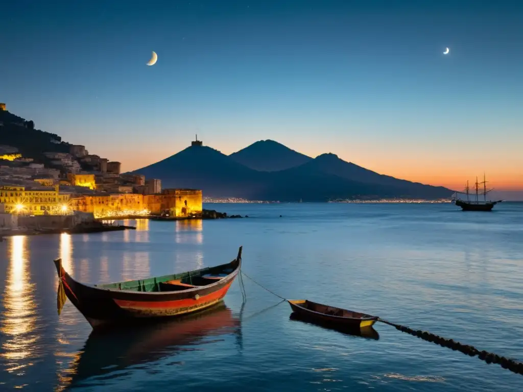 Espectacular vista nocturna de la Bahía de Nápoles, con el Barco Fantasma de Chiaia Napolitanas en primer plano, bajo la luz de la luna