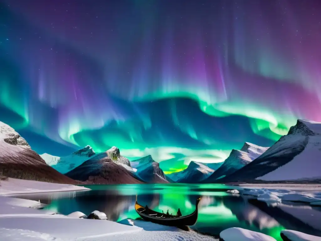 Un espectáculo de auroras boreales en un fiordo, iluminando un barco vikingo y ruinas nórdicas, creando un legado de leyendas urbanas contemporáneas