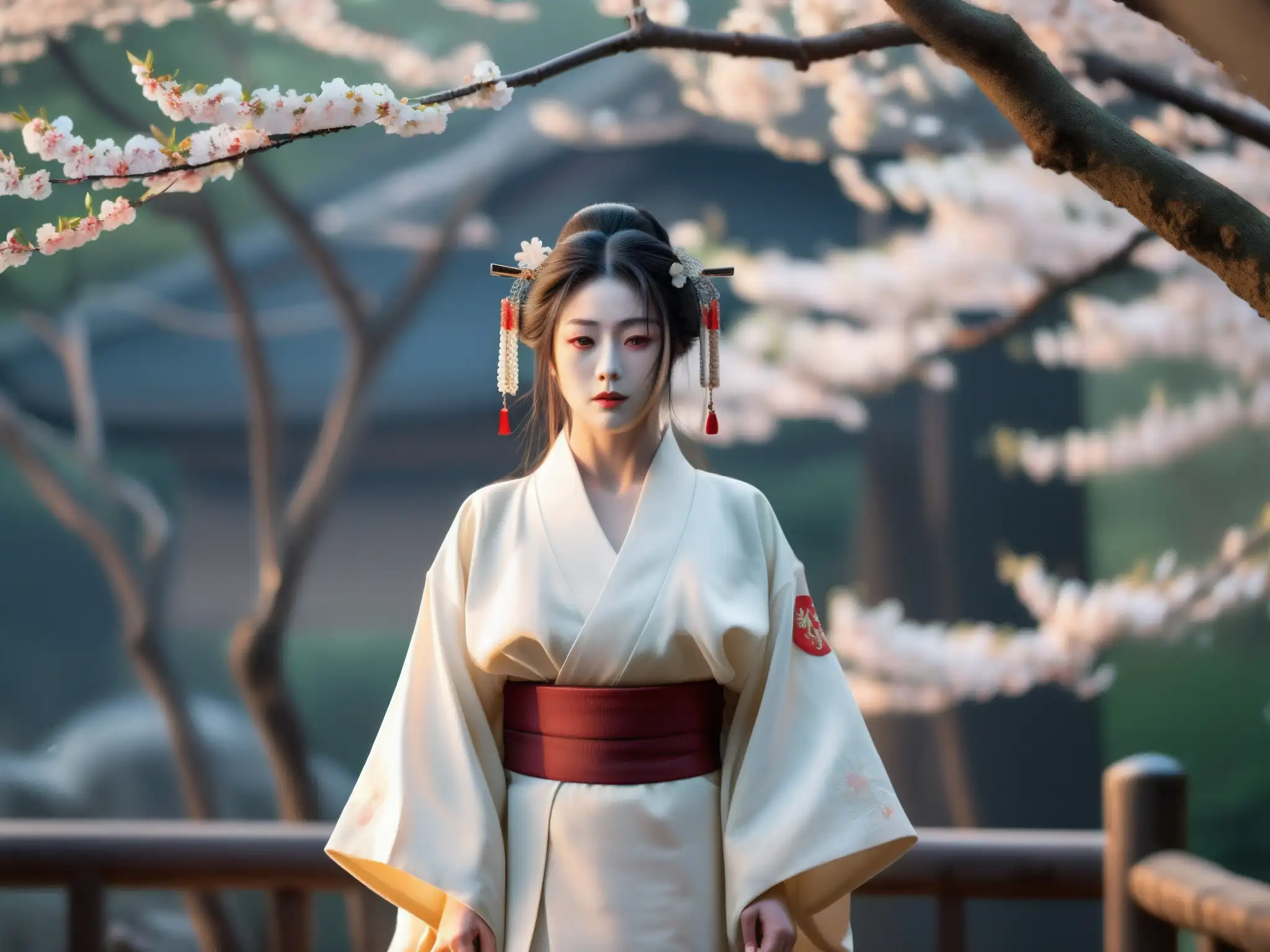 Un espectáculo de teatro Noh japonés con un fondo de hermosos cerezos en flor y un fantasma vengativo en un kimono blanco