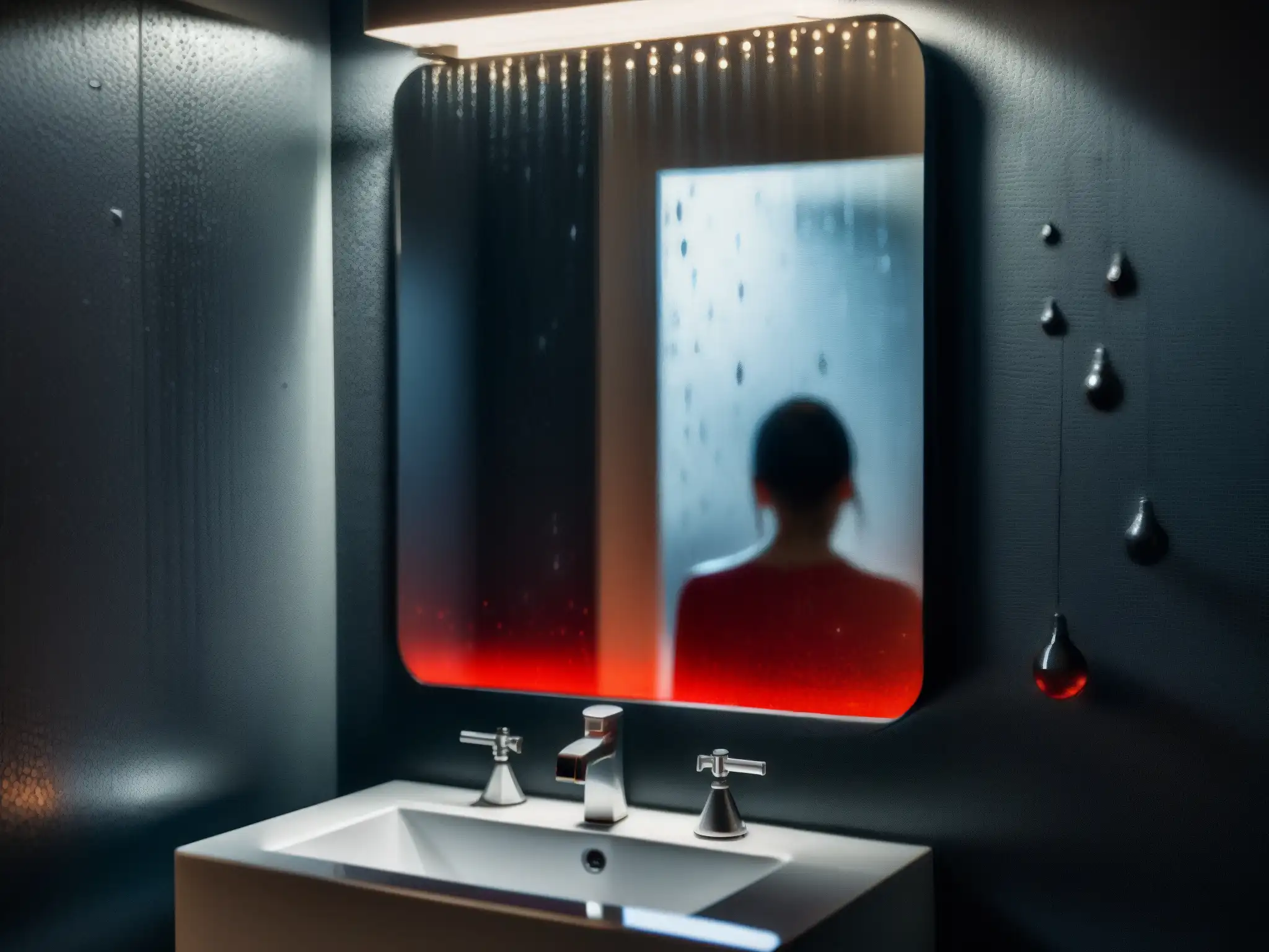 Un espejo empañado en un escalofriante baño oscuro, con gotas de agua y la figura de Bloody Mary