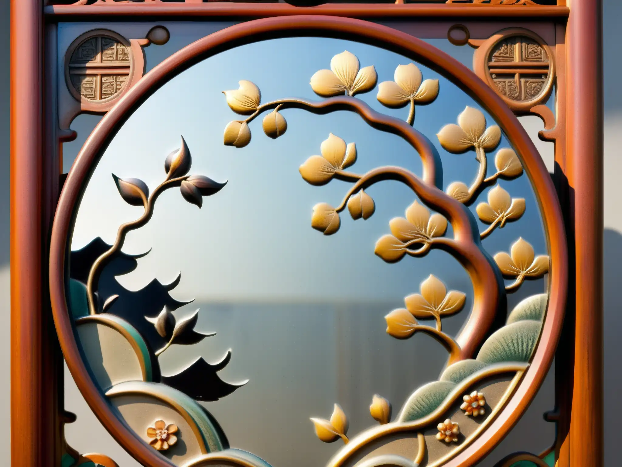 Un espejo japonés antiguo con detalles intrincados de dragones, flores de cerezo y patrones geométricos
