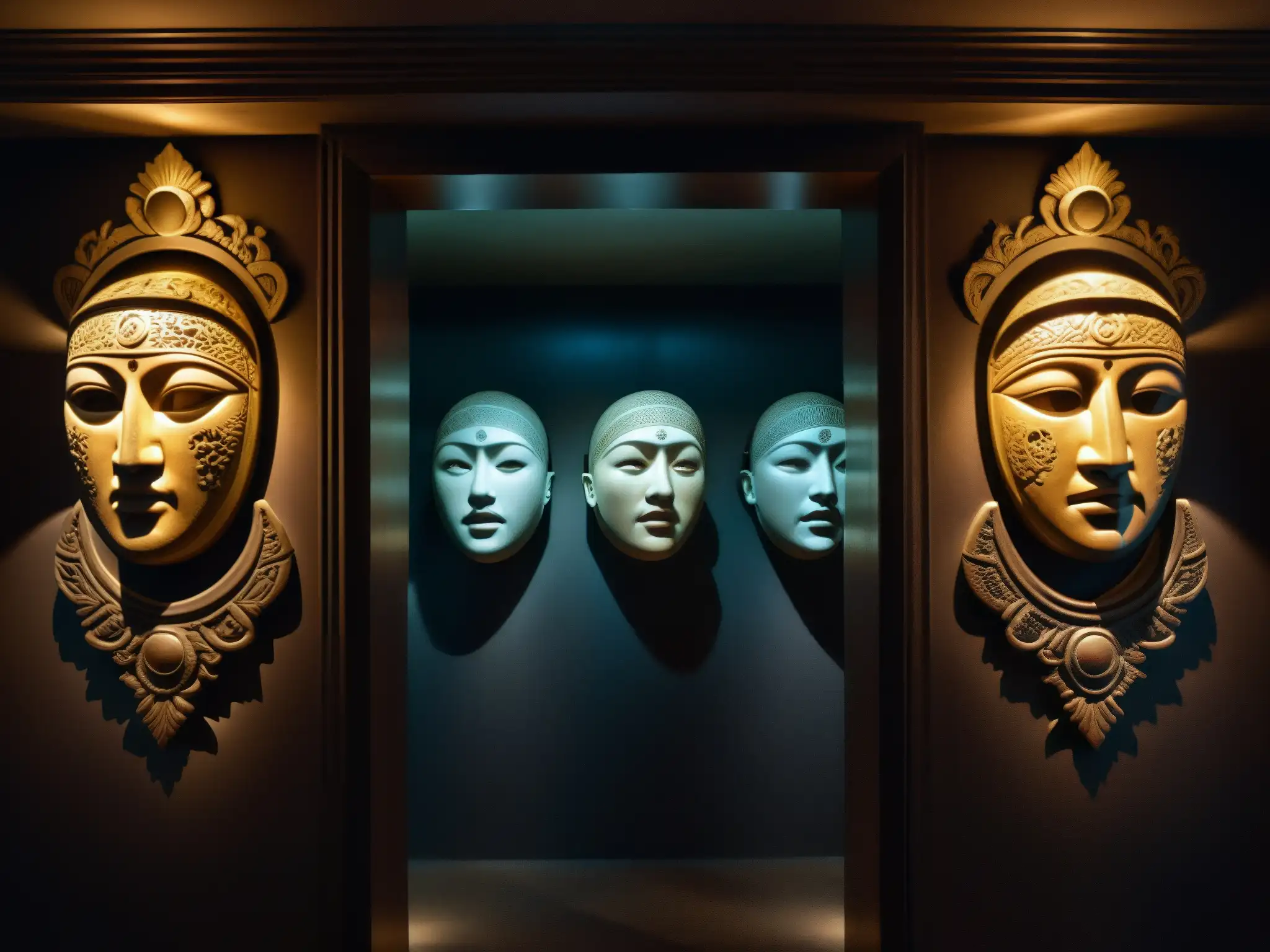 Espejos malditos en la antigua cámara de Mayong India, reflejando rostros distorsionados en la penumbra sobrenatural