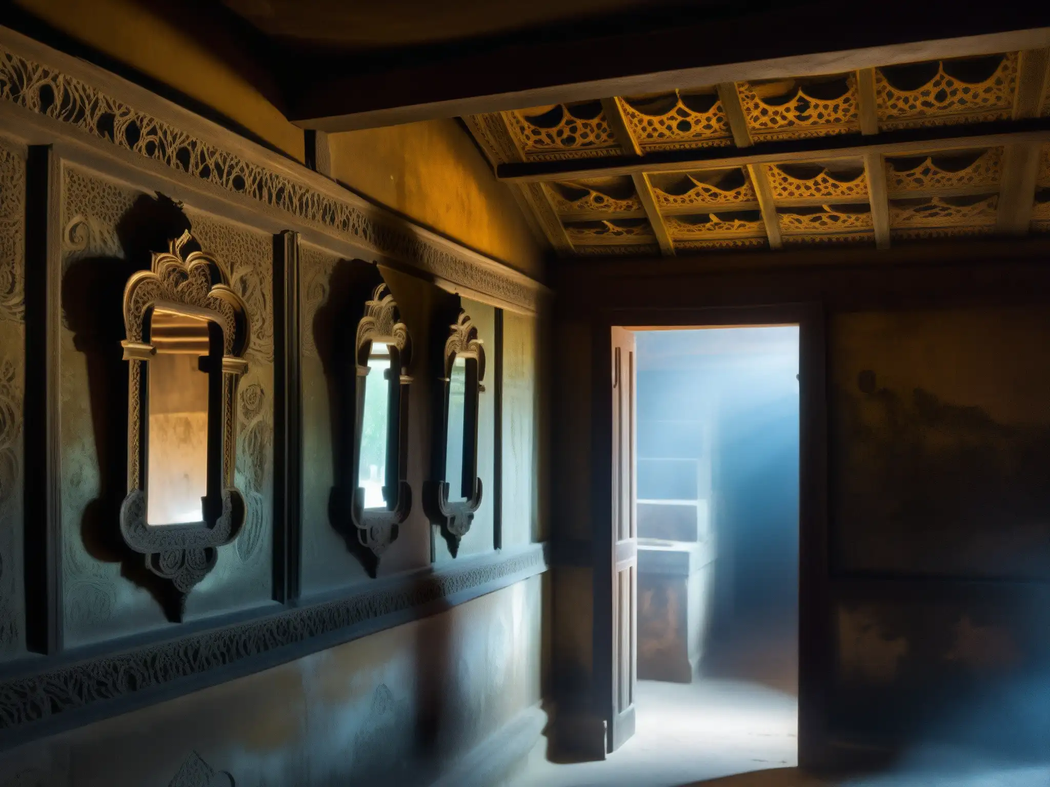 Espejos malditos en habitación oscura de Mayong, India, reflejan una atmósfera inquietante llena de misticismo antiguo y símbolos ominosos
