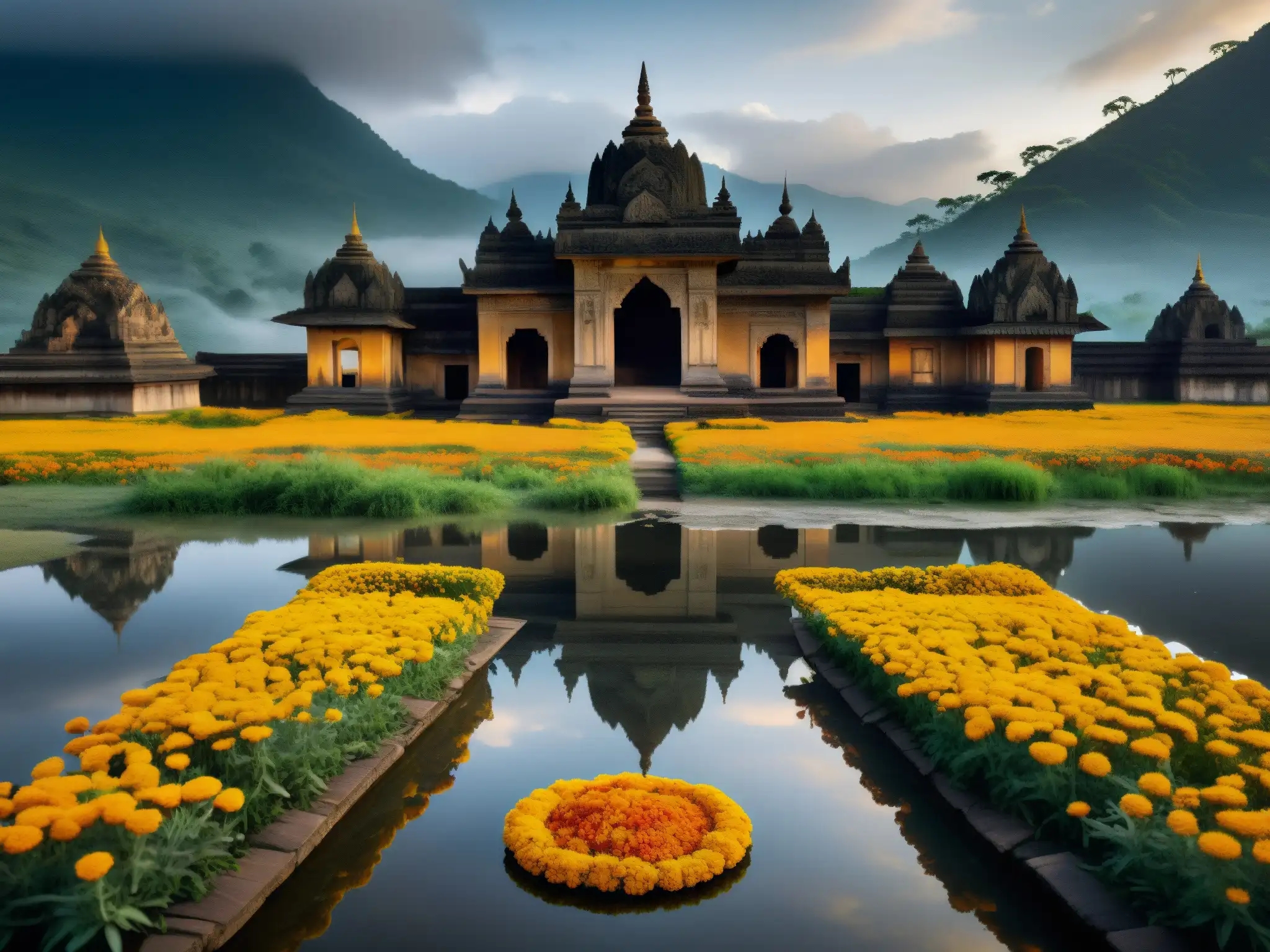 Los espejos malditos de Mayong, India, reflejan la misteriosa y neblinosa atmósfera del paisaje, rodeados de ofrendas de guirnaldas de caléndulas