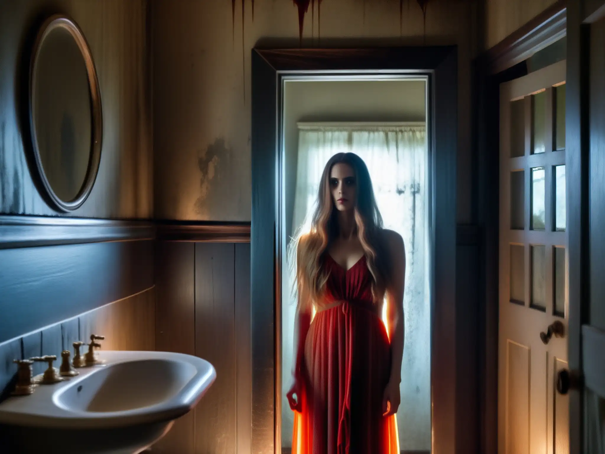Un espeluznante baño con un espejo vintage reflejando la figura fantasmal de Bloody Mary
