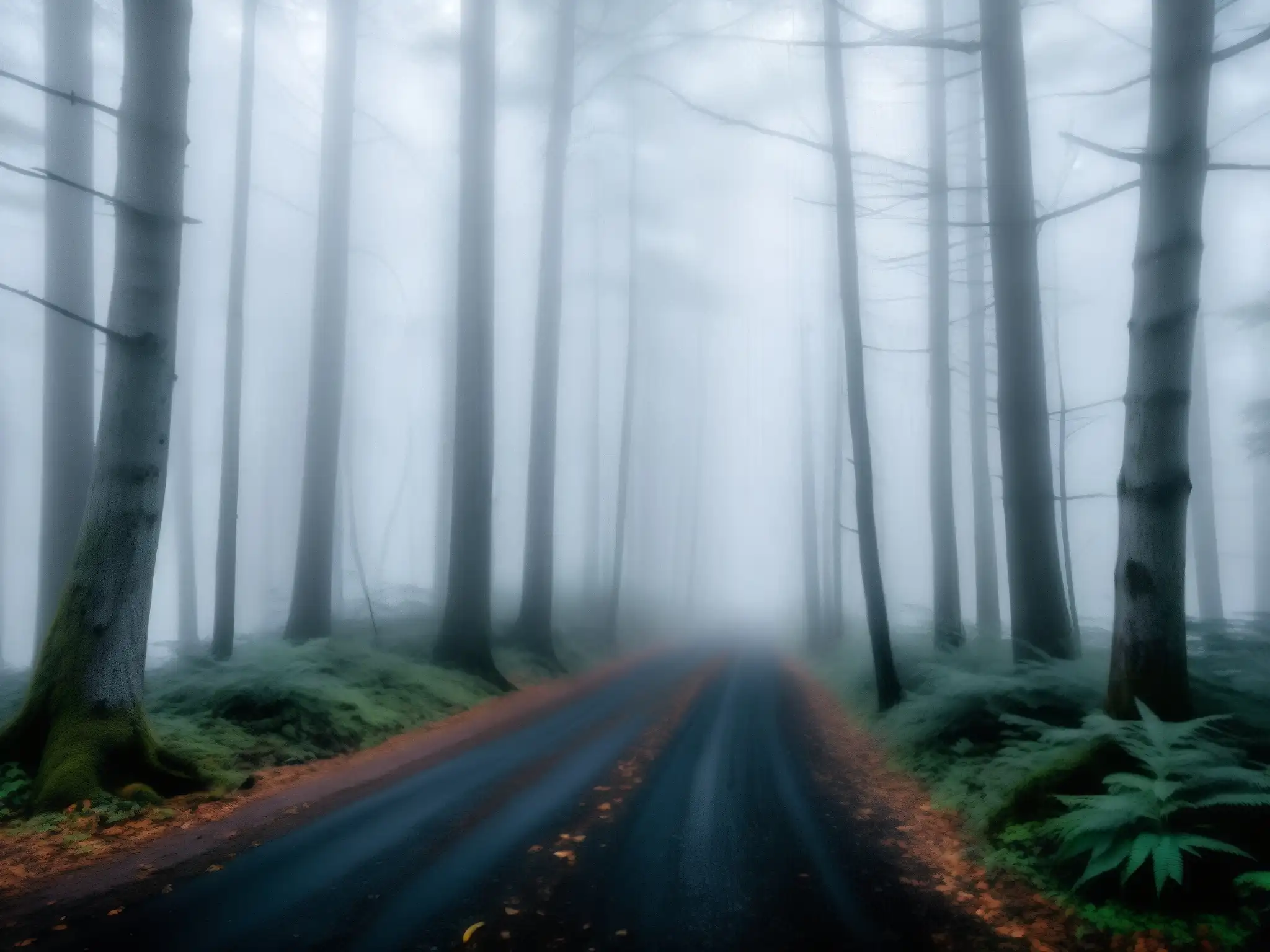 Espeluznante bosque cubierto de niebla en el Triángulo de Bennington, Vermont, evocando misteriosas desapariciones y leyendas inquietantes