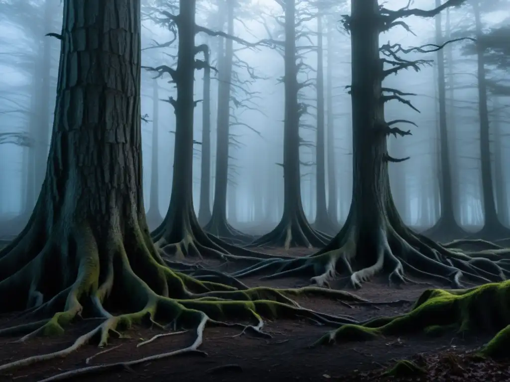 Espeluznante bosque cubierto de niebla al anochecer, con árboles retorcidos y raíces formando rostros