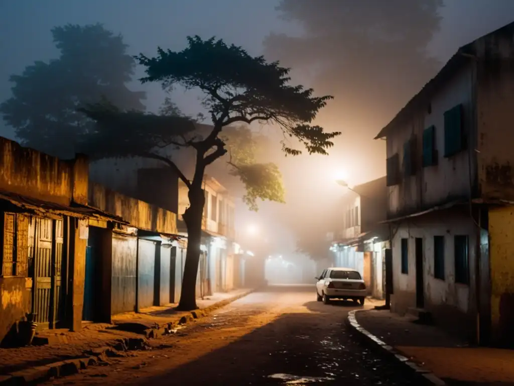 Una espeluznante escena nocturna en Conakry con la leyenda urbana de la bruja de la medianoche en un callejón sombrío, rodeada de misterio y oscuridad