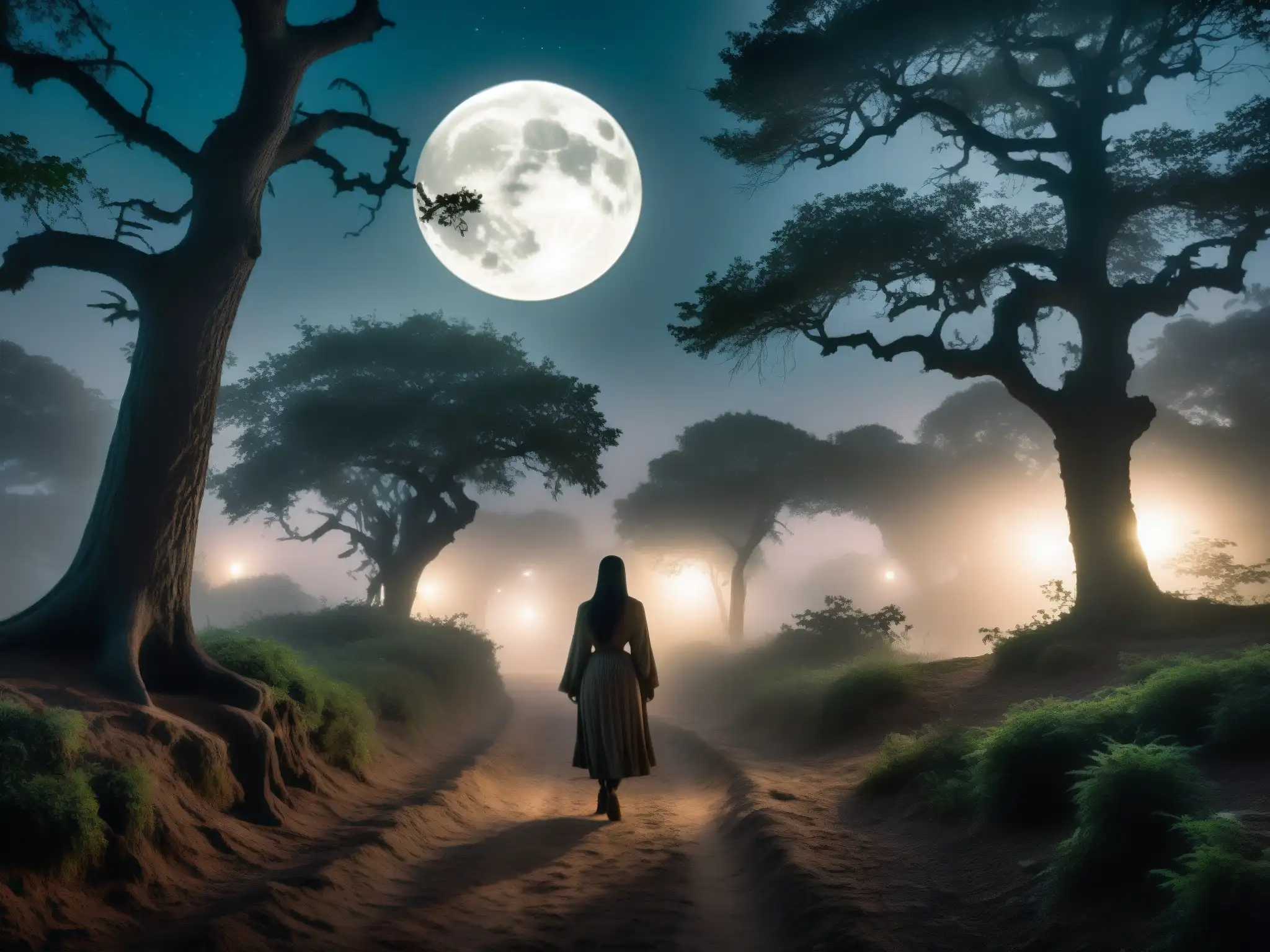 Espeluznante sendero entre árboles retorcidos, con un espíritu acechador en Sanjay Van, envuelto en niebla y misterio bajo la luz de la luna