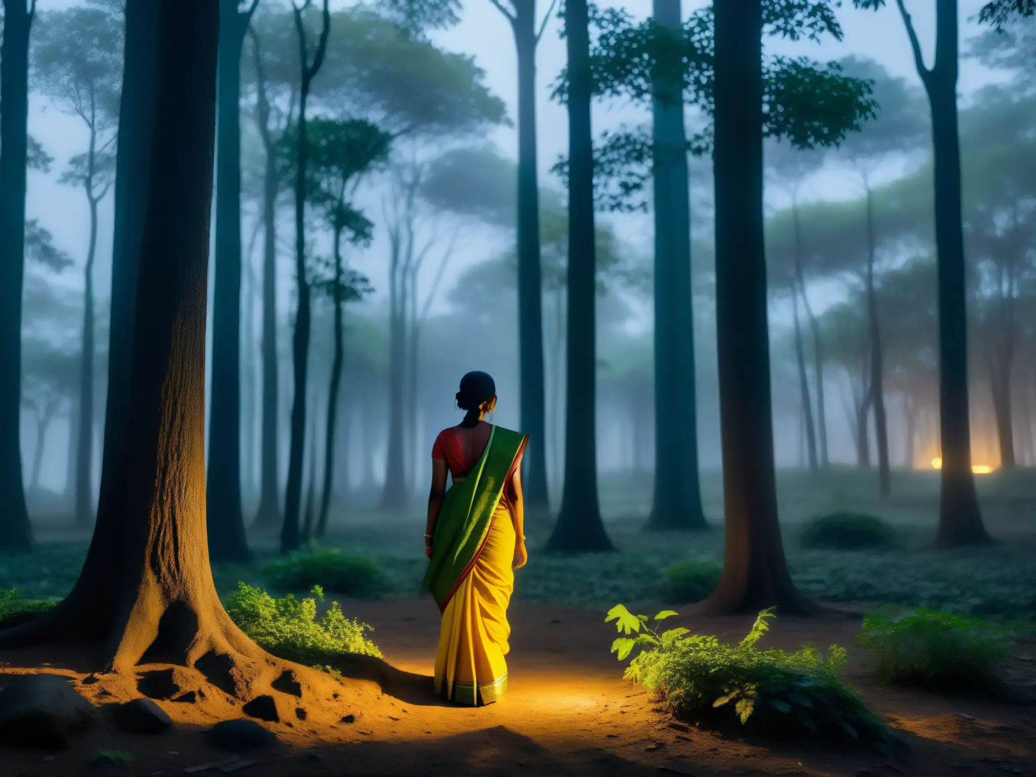 Espíritu acechador en Sanjay Van: misteriosa noche en el denso bosque, con la luz de la luna filtrándose entre el dosel y la silueta de la Dama Blanca
