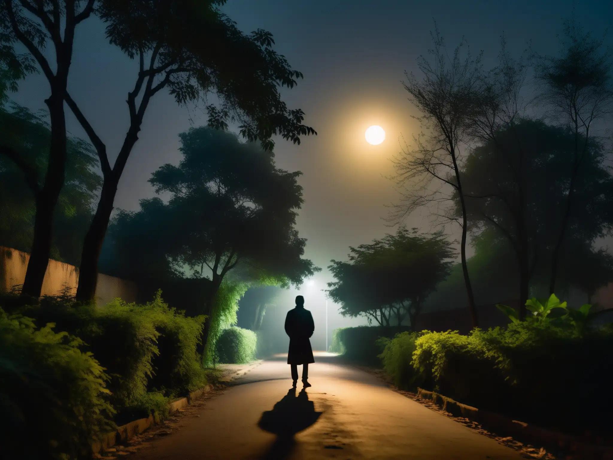 Un espíritu acechador en Sanjay Van, entre la penumbra y la vegetación densa, bajo la lúgubre luz de la luna