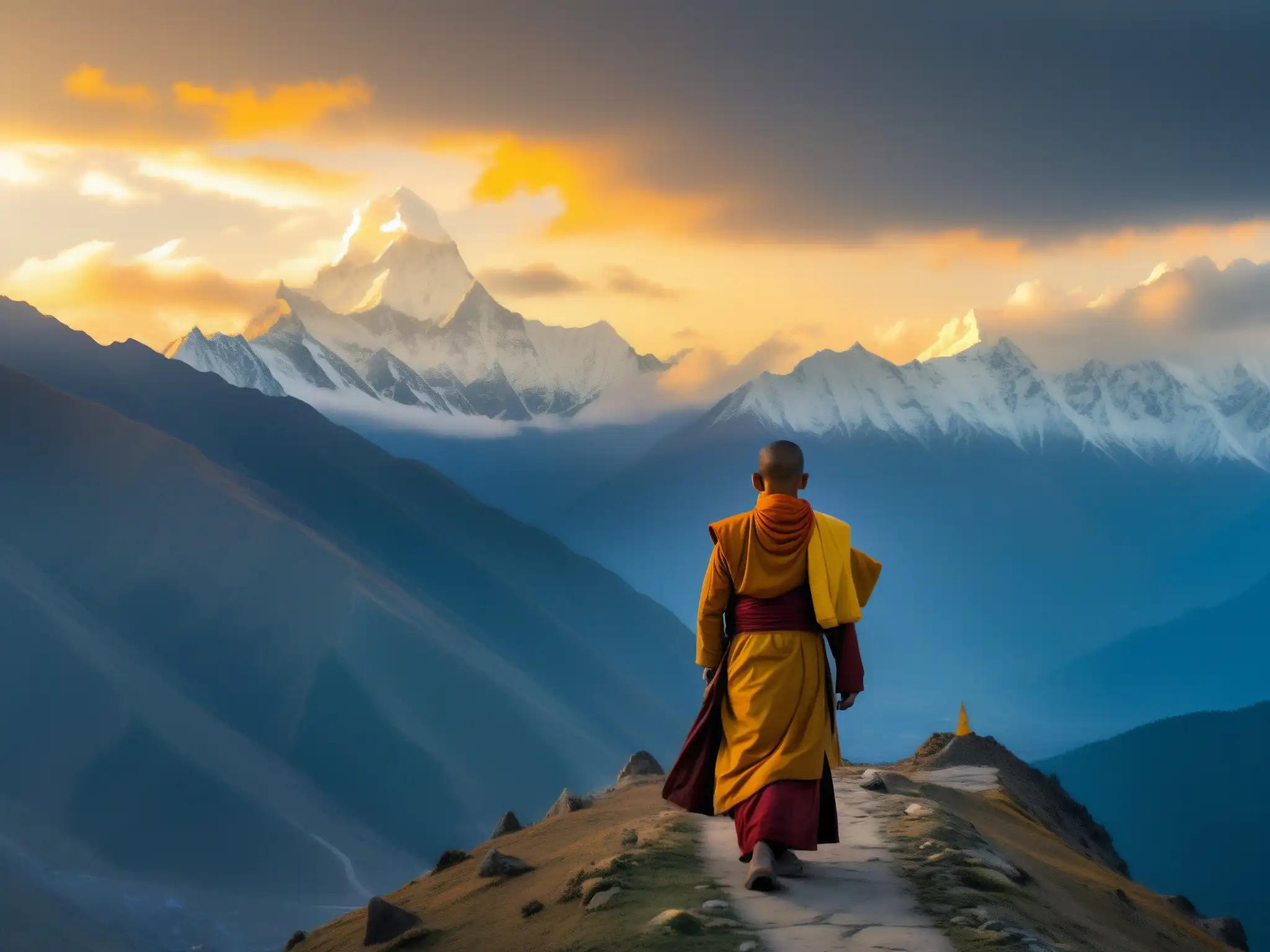 El espíritu del monje errante Bhután se eleva en la cima neblinosa, en contemplación serena mientras las banderas de oración ondean a su alrededor