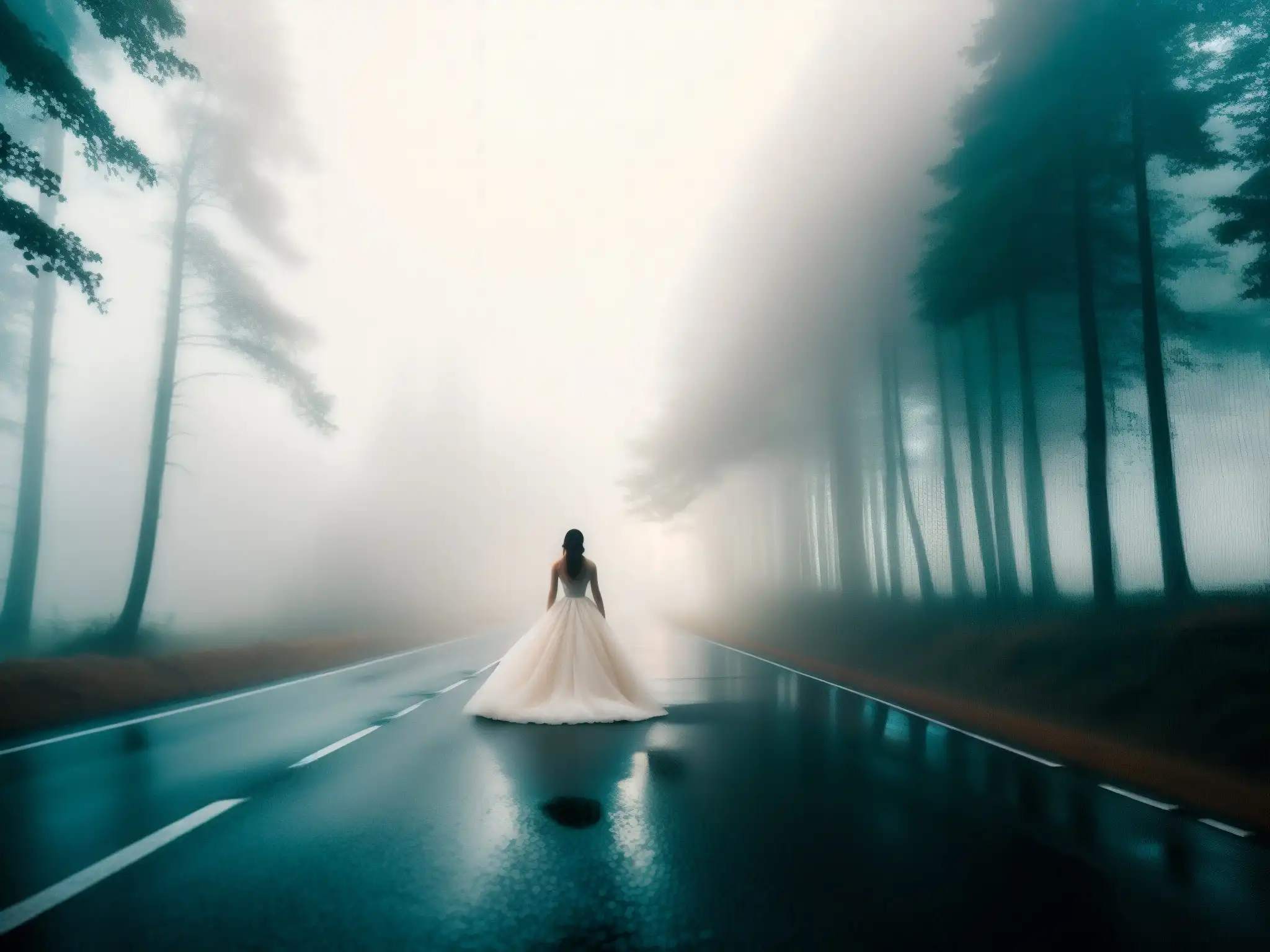 Espíritu de la Novia Carretera PuneMumbai: misteriosa novia en la neblina, rodeada de árboles, con luz de coche al fondo