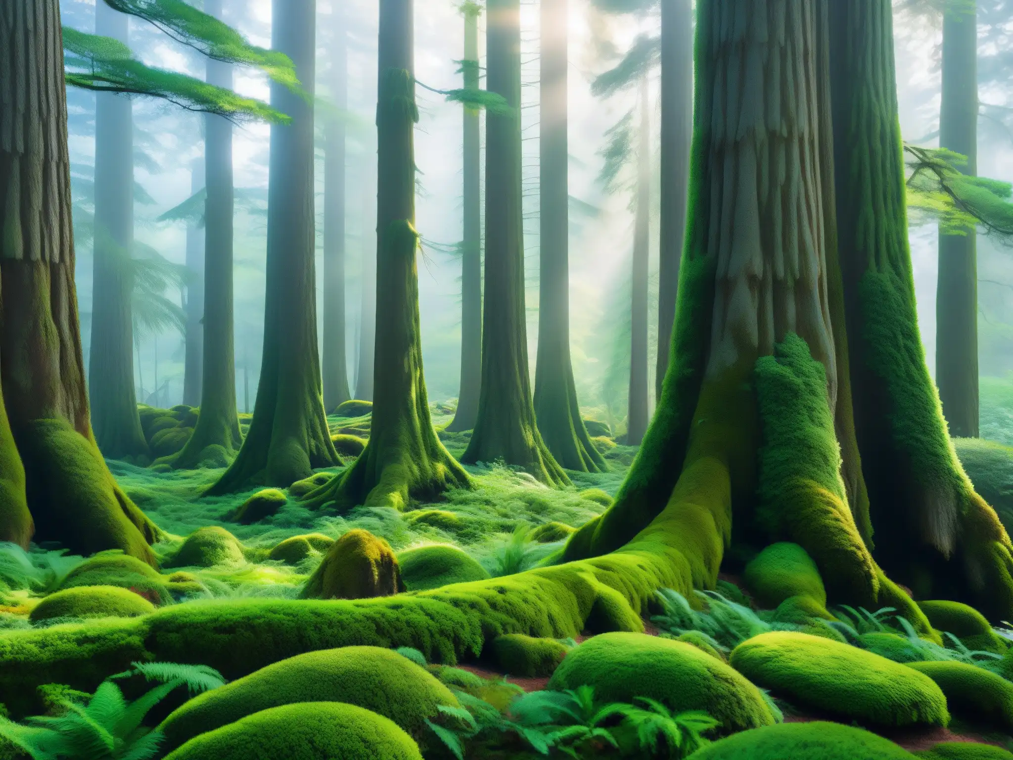 Espíritu Rojo en los Bosques Japoneses: Un bosque exuberante y místico en Japón, bañado por la luz del sol y cubierto de musgo verde vibrante