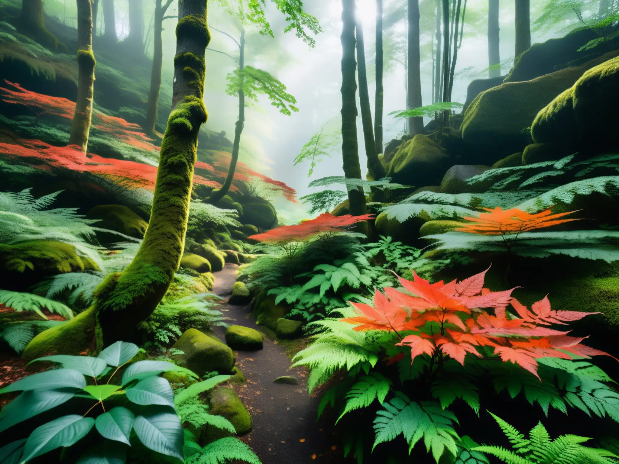 Espíritu Rojo en los Bosques Japoneses: Vibrante paisaje de bosque místico con árboles de arce rojo, luz del sol y sendero invitador
