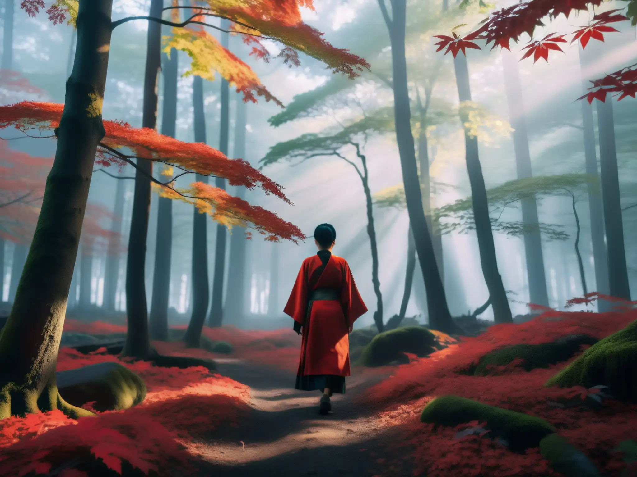 Espíritu Rojo: bosque japonés místico con hojas de arce rojas y figura entre los árboles, evocando belleza natural