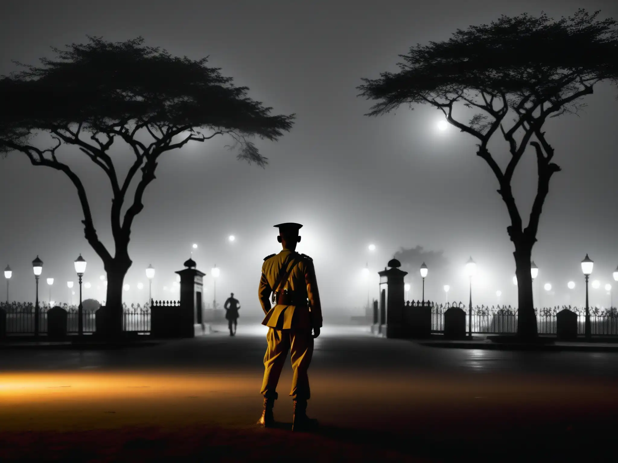 El espíritu del soldado en Delhi Cantonment: una atmósfera misteriosa y solemne en blanco y negro