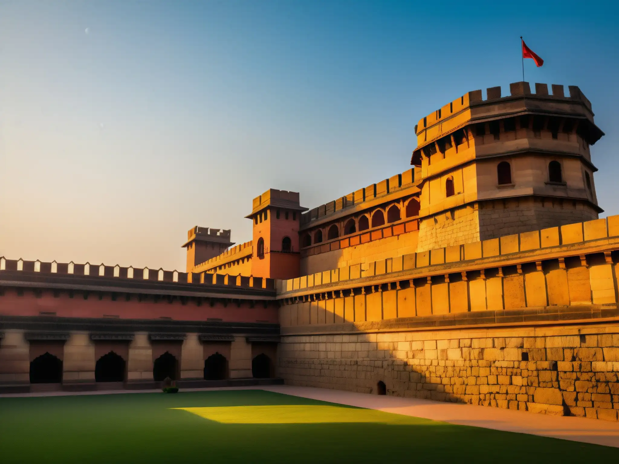 El Espíritu del Soldado Fuerte Meerut: Imponentes murallas de piedra y detalles arquitectónicos, bañados por la cálida luz del atardecer