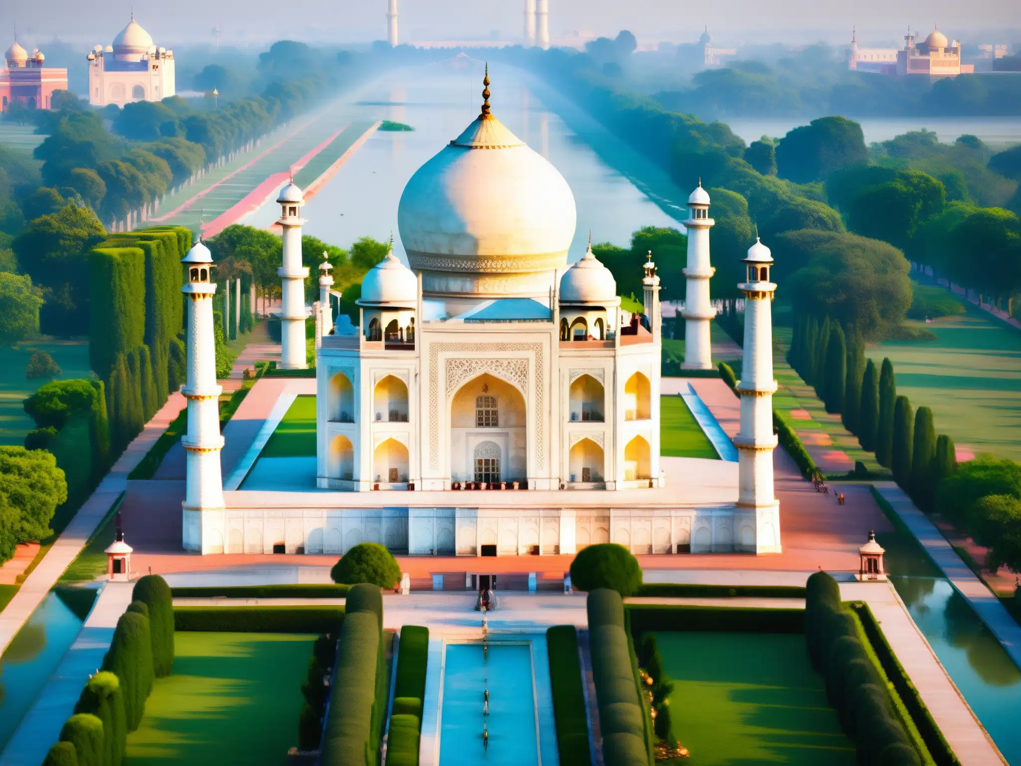 Esplendor matutino del Taj Mahal, con detalles arquitectónicos y el río Yamuna