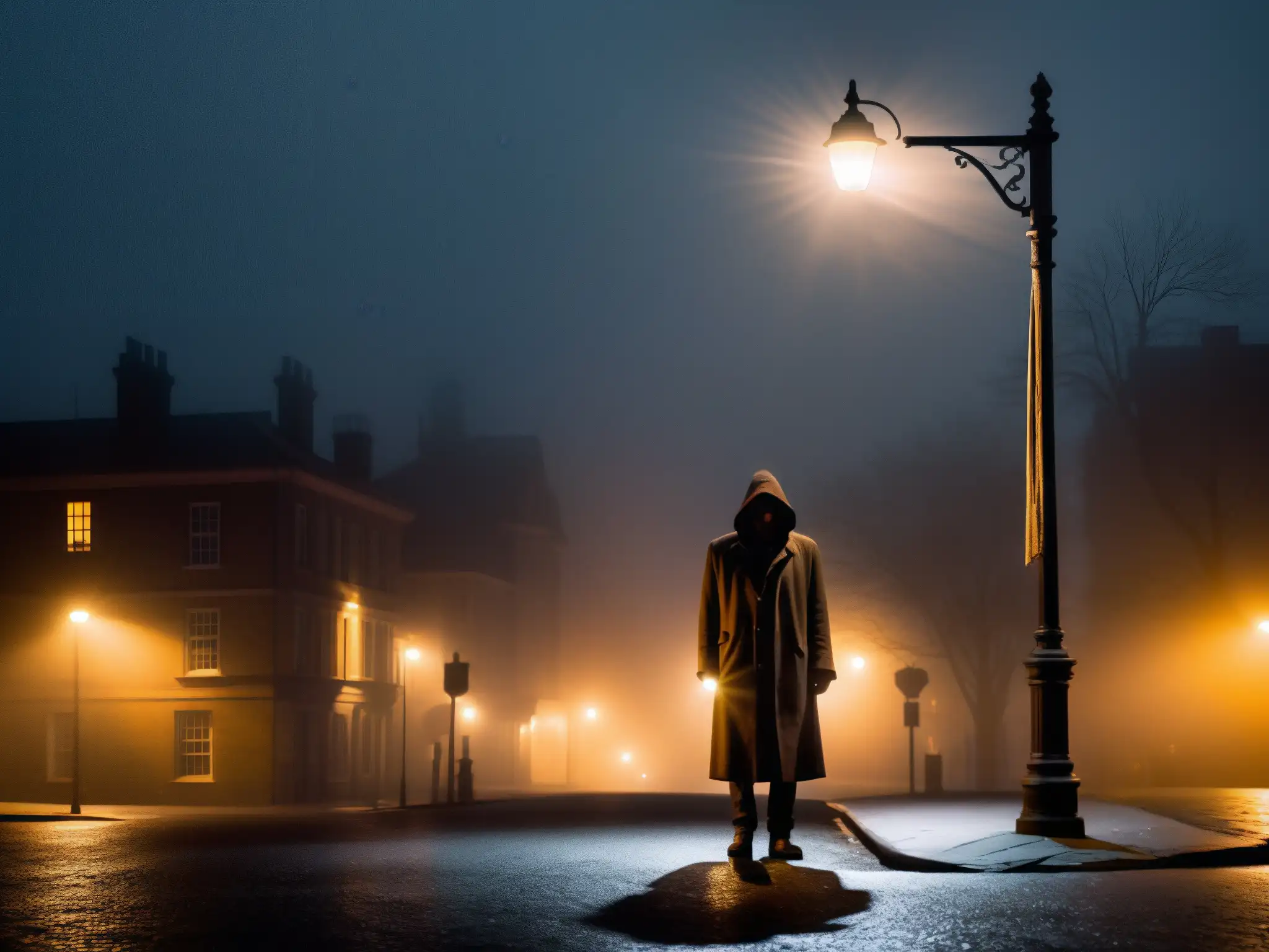 En la esquina de la calle, una figura misteriosa envuelta en niebla bajo la luz de un farol