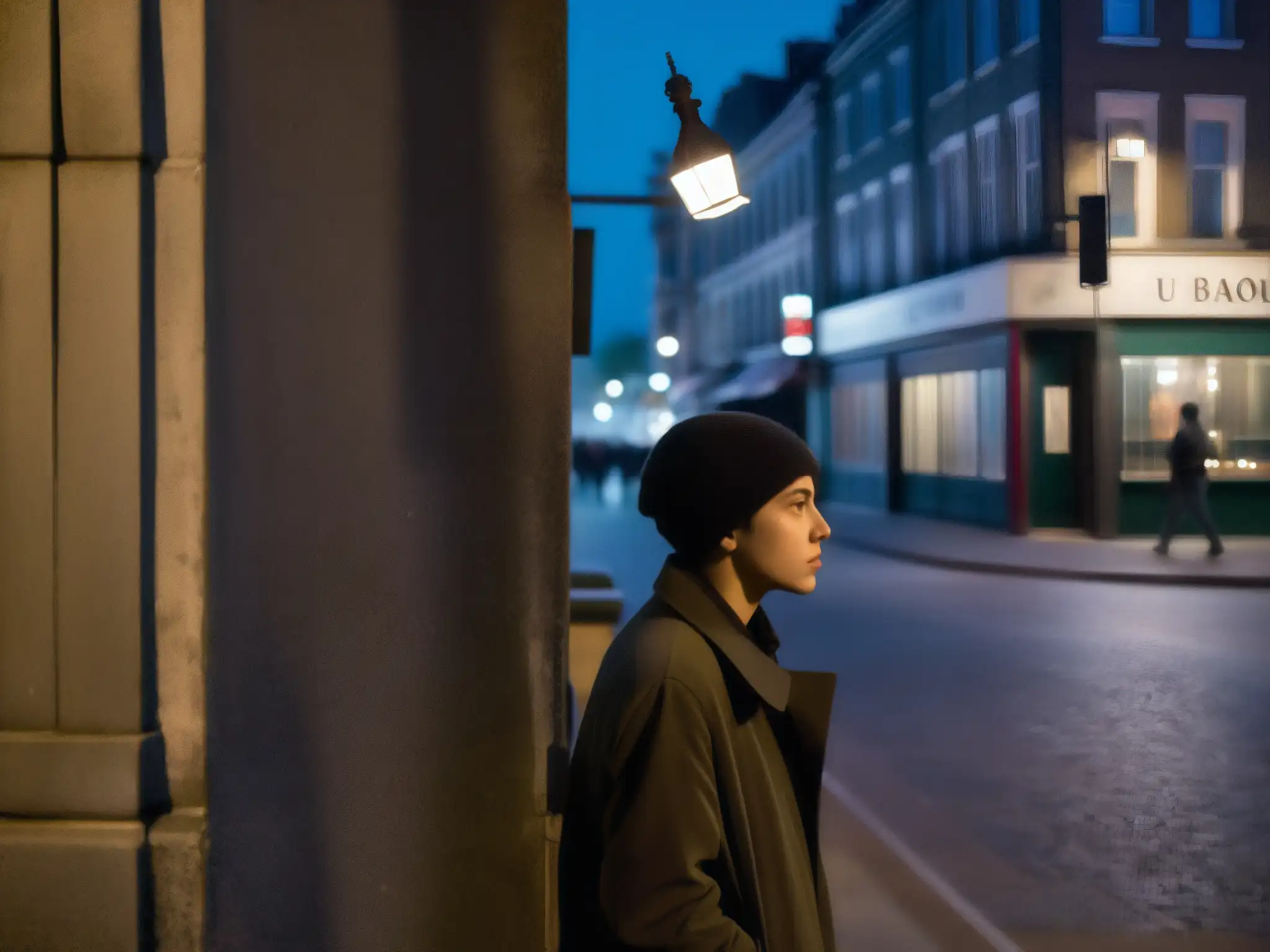 En una esquina oscura de la calle, una figura solitaria susurra a un grupo de oyentes con expresiones de miedo y fascinación