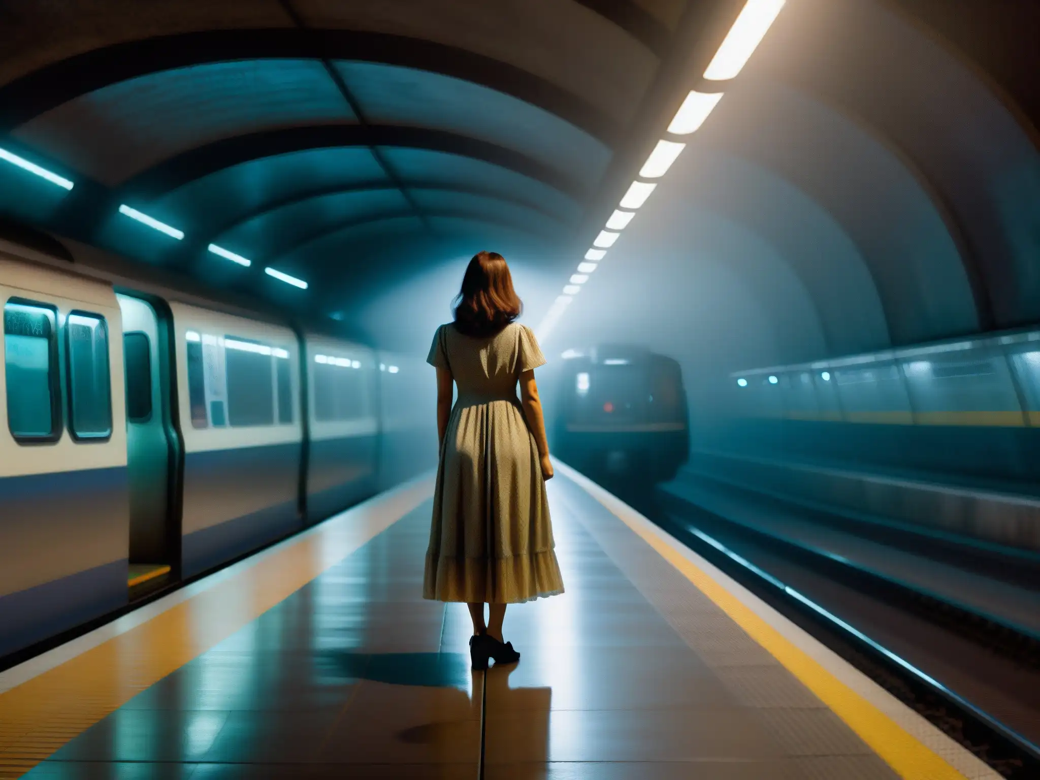 Una estación de metro subterránea lúgubre con luces parpadeantes y figuras sombrías