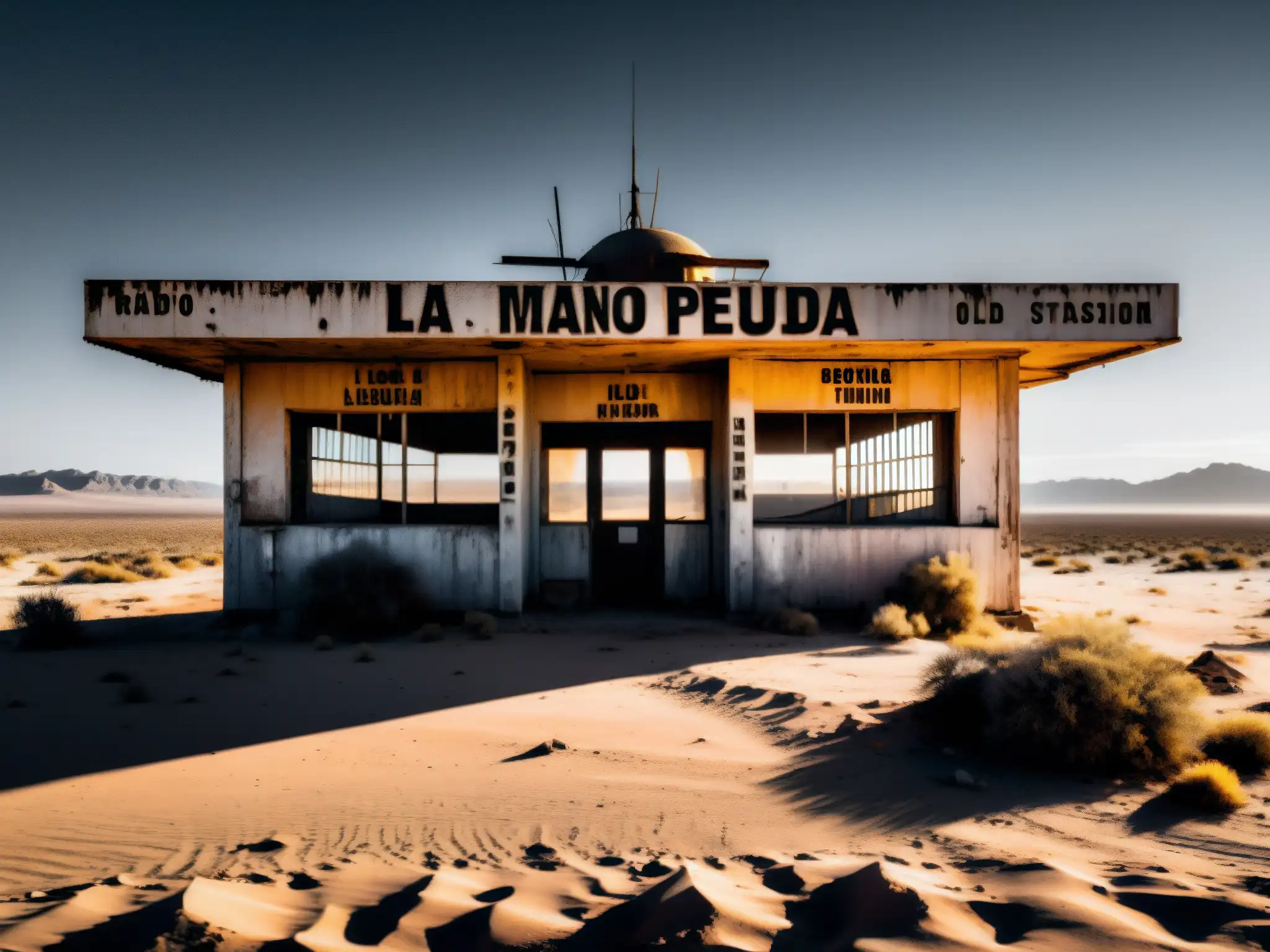 Una estación de radio abandonada en un desierto, cubierta de polvo y misterio