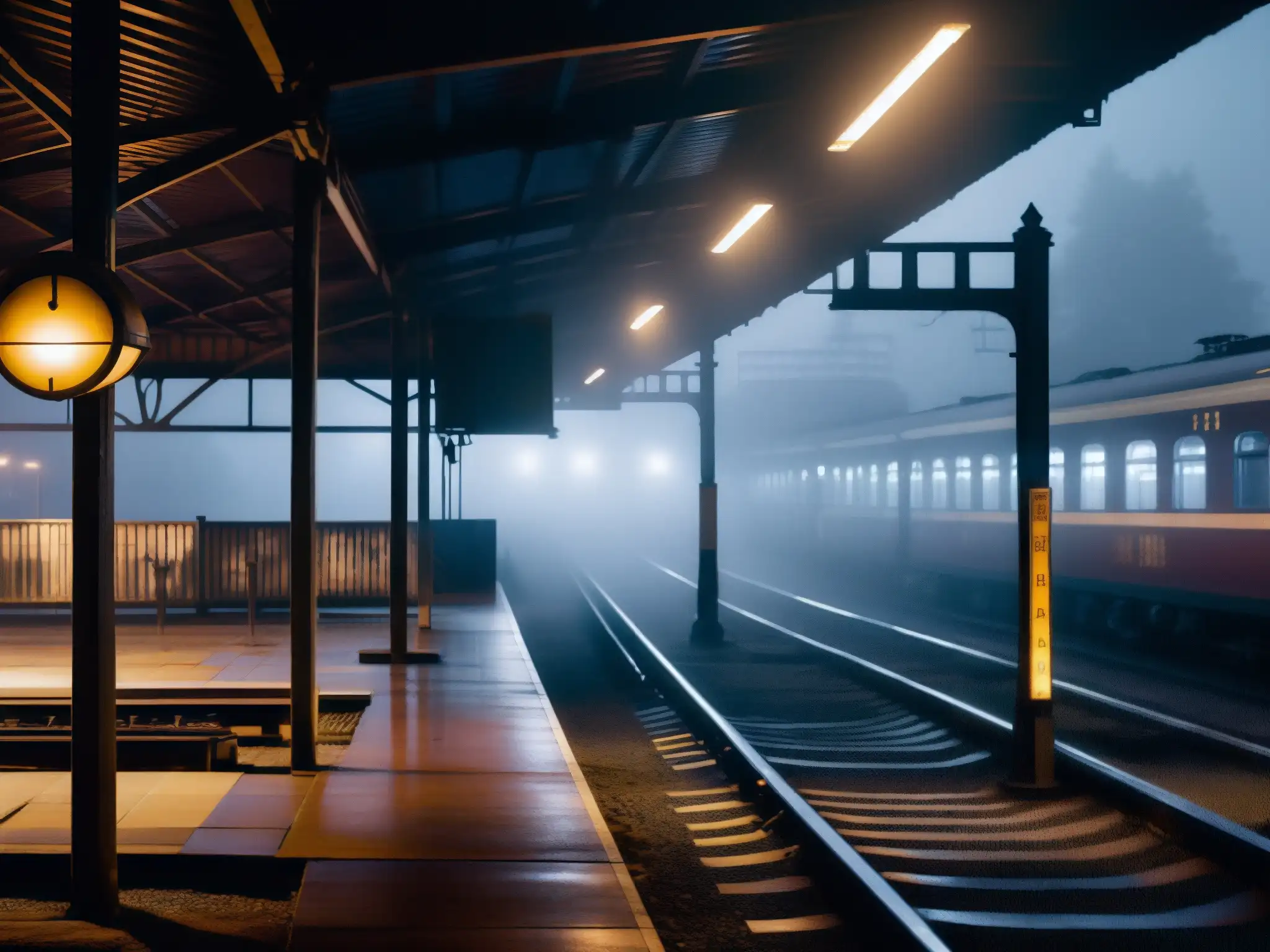 Una estación de tren desierta en la noche con luces tenues y neblina espesa