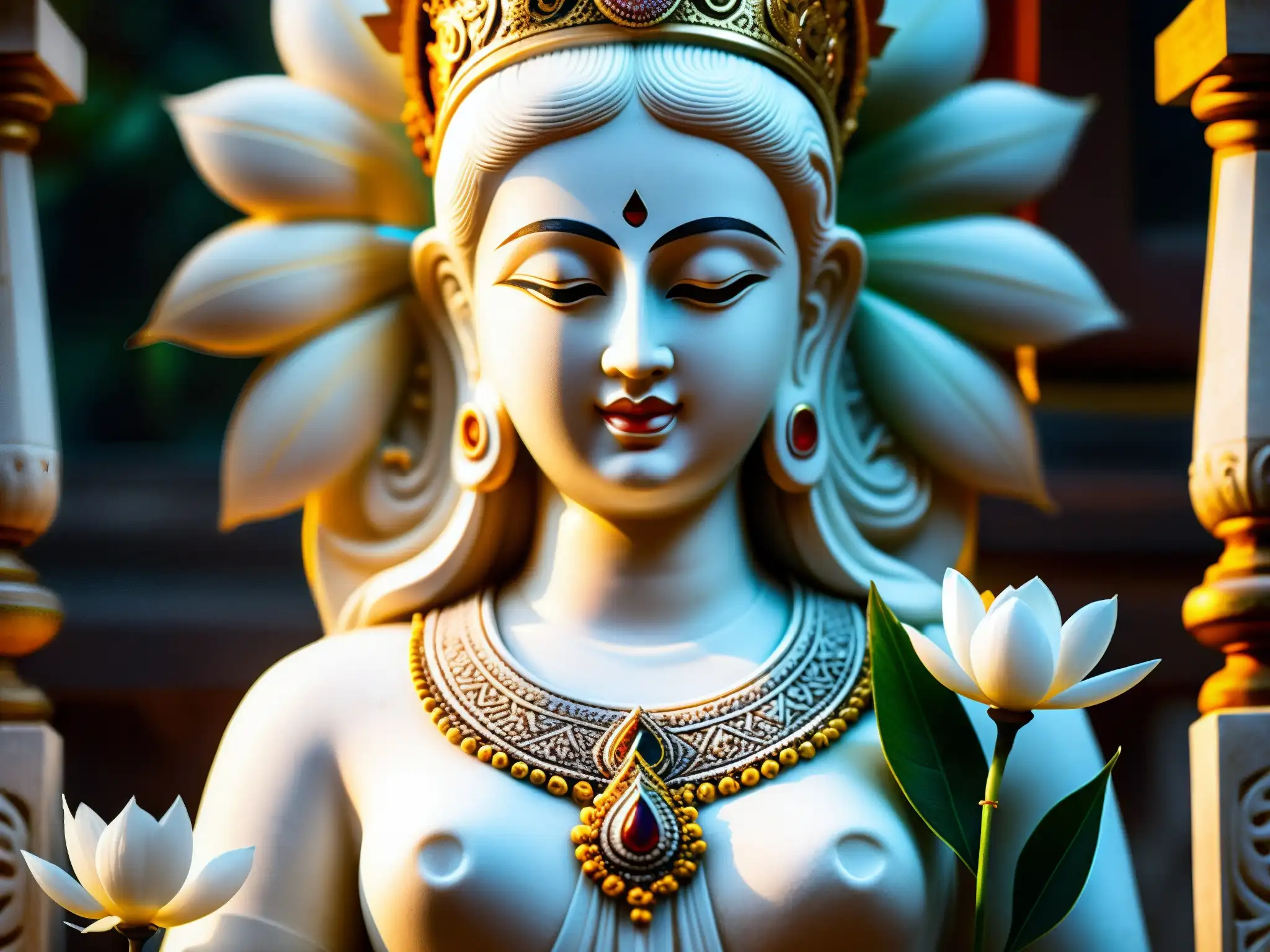 Una estatua de mármol blanco de una diosa en un antiguo templo de Sri Lanka, evocando misticismo y serenidad