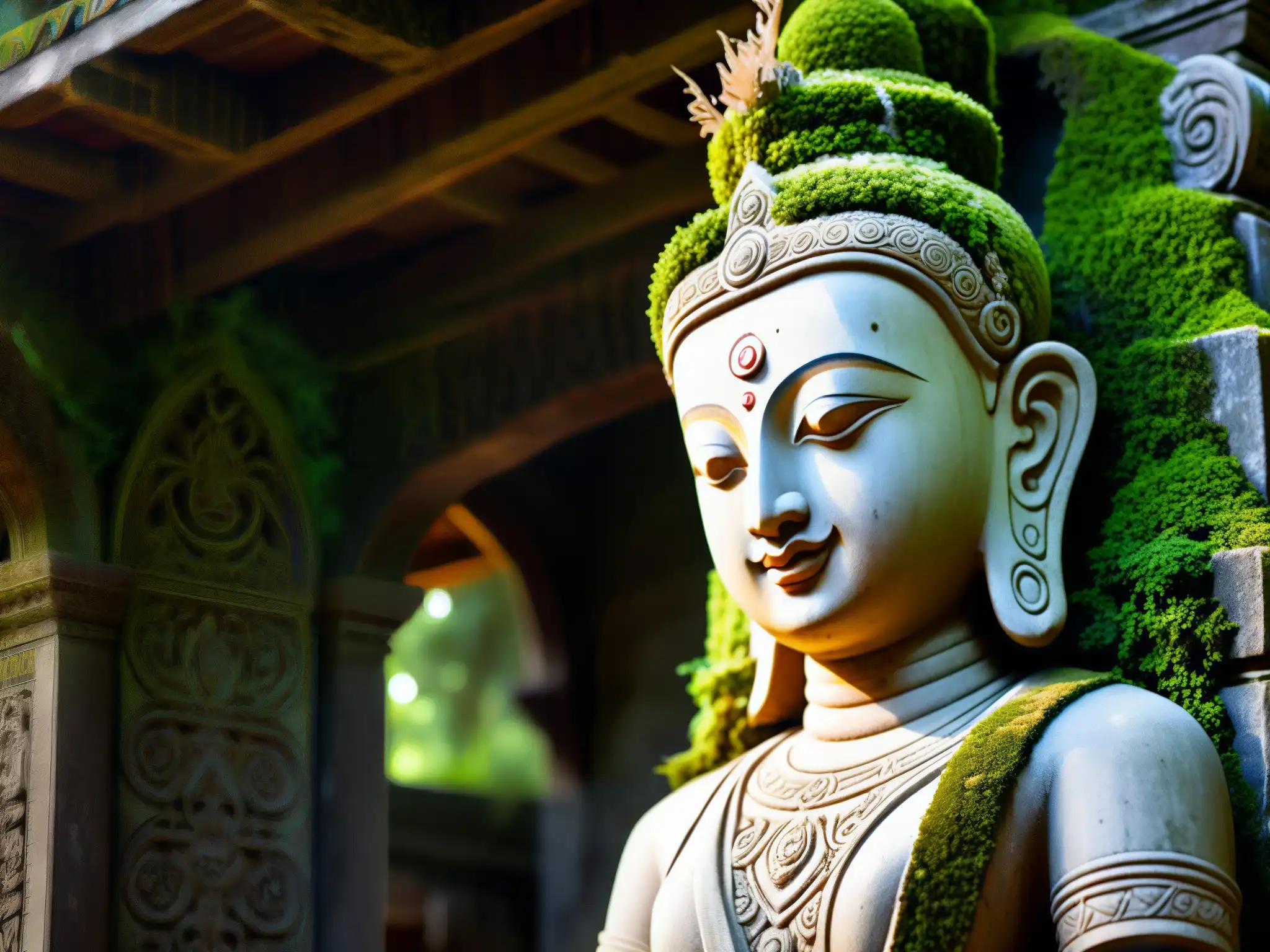 Estatua de deidad en templo abandonado de Nepal, iluminada por luz tenue, con atmósfera misteriosa y espiritual