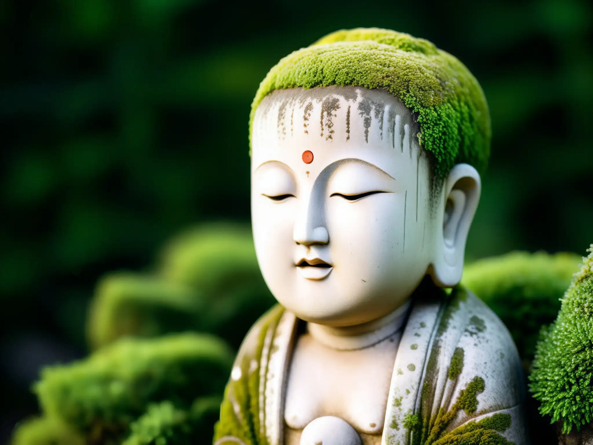 Una estatua Jizo que llora, con detalles envejecidos y serena atmósfera de sabiduría antigua en un jardín japonés