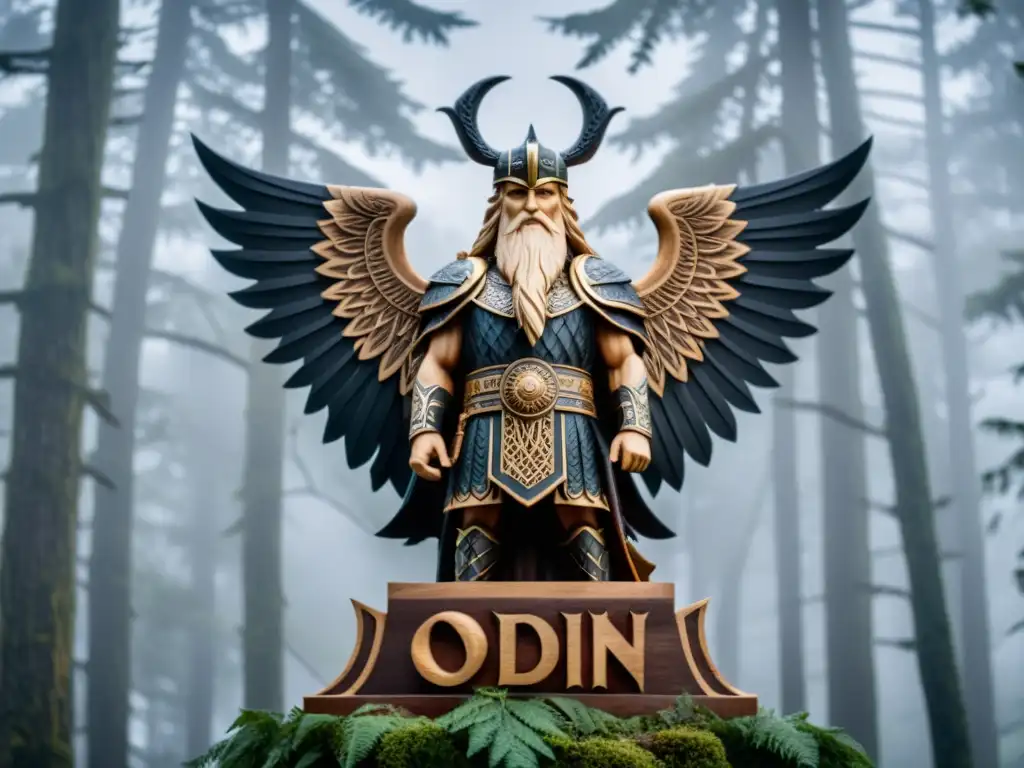 Estatua de madera tallada de Odin, dios nórdico, en un bosque brumoso