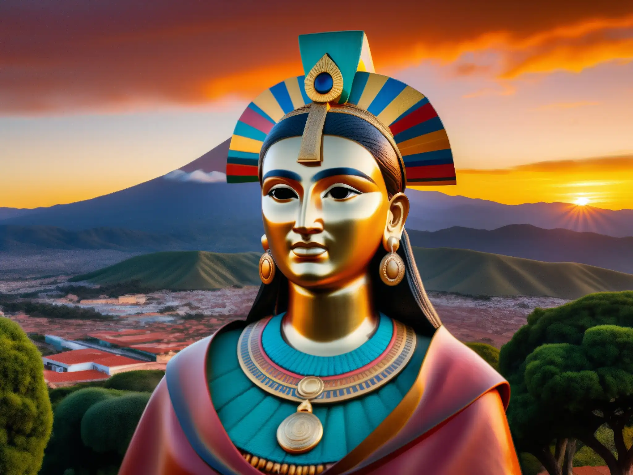 Estatua de La Malinche con atardecer vibrante, expresión facial detallada y paisaje impactante, capturando su complejo legado