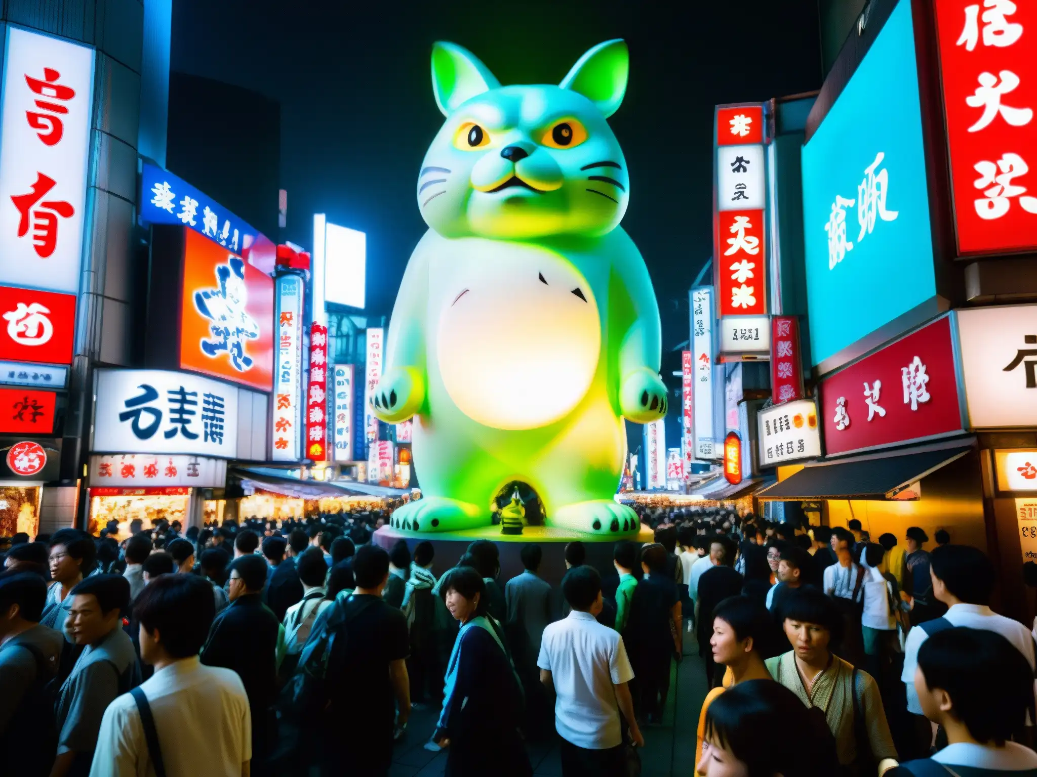 Estatua de yokai en Shibuya, rodeada de luces de neón y gente, creando una atmósfera misteriosa y cautivadora