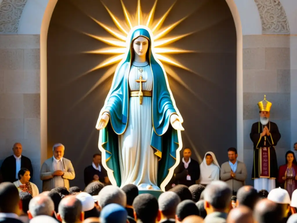 La estatua de Nuestra Señora de Fátima bañada en luz suave, rodeada de peregrinos rezando
