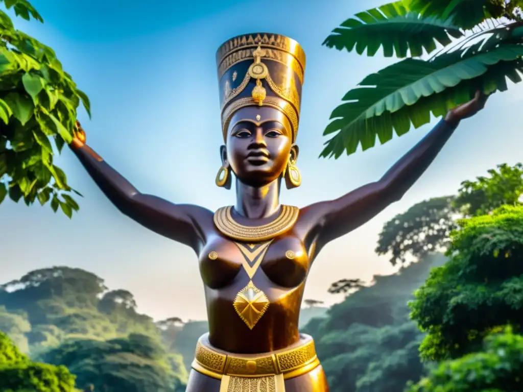 La estatua de Abla Pokou, símbolo de valentía y liderazgo en la leyenda Baoulé, destaca entre exuberante vegetación