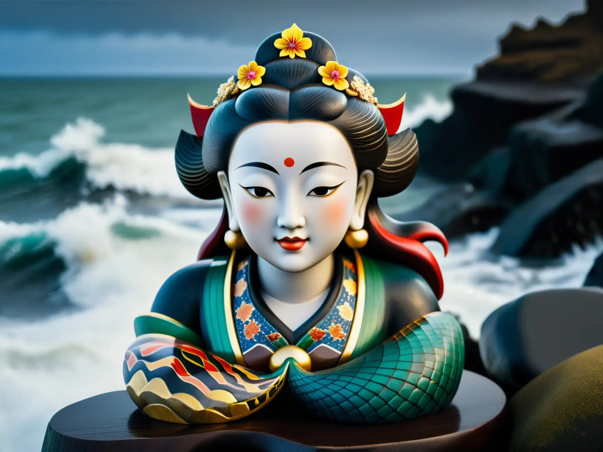 Una estatua de sirena japonesa tallada en madera oscura con patrones coloridos, descansa en la orilla rocosa, con olas y cielo tormentoso