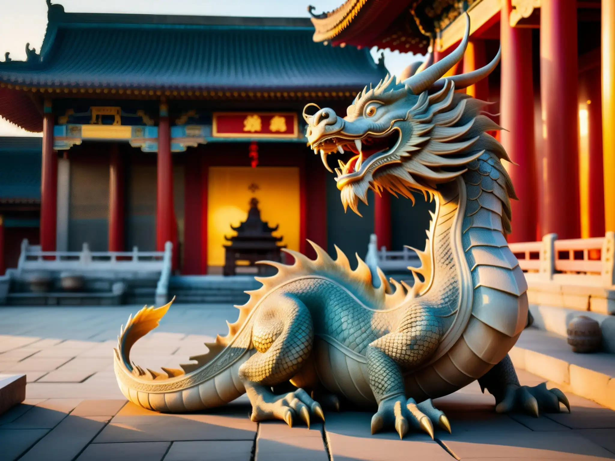 Una estatua viva de dragón en un antiguo templo chino, iluminada por el suave atardecer