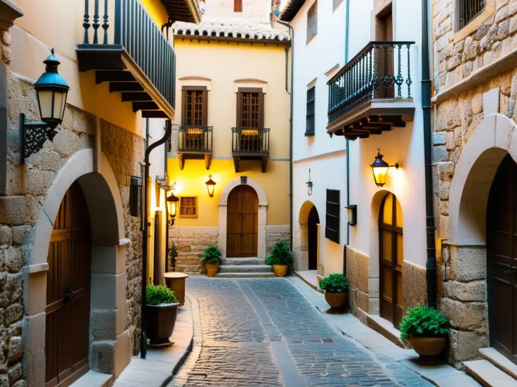 Una estrecha calle empedrada en la antigua judería de Toledo, con edificios de piedra centenarios y balcones de hierro forjado