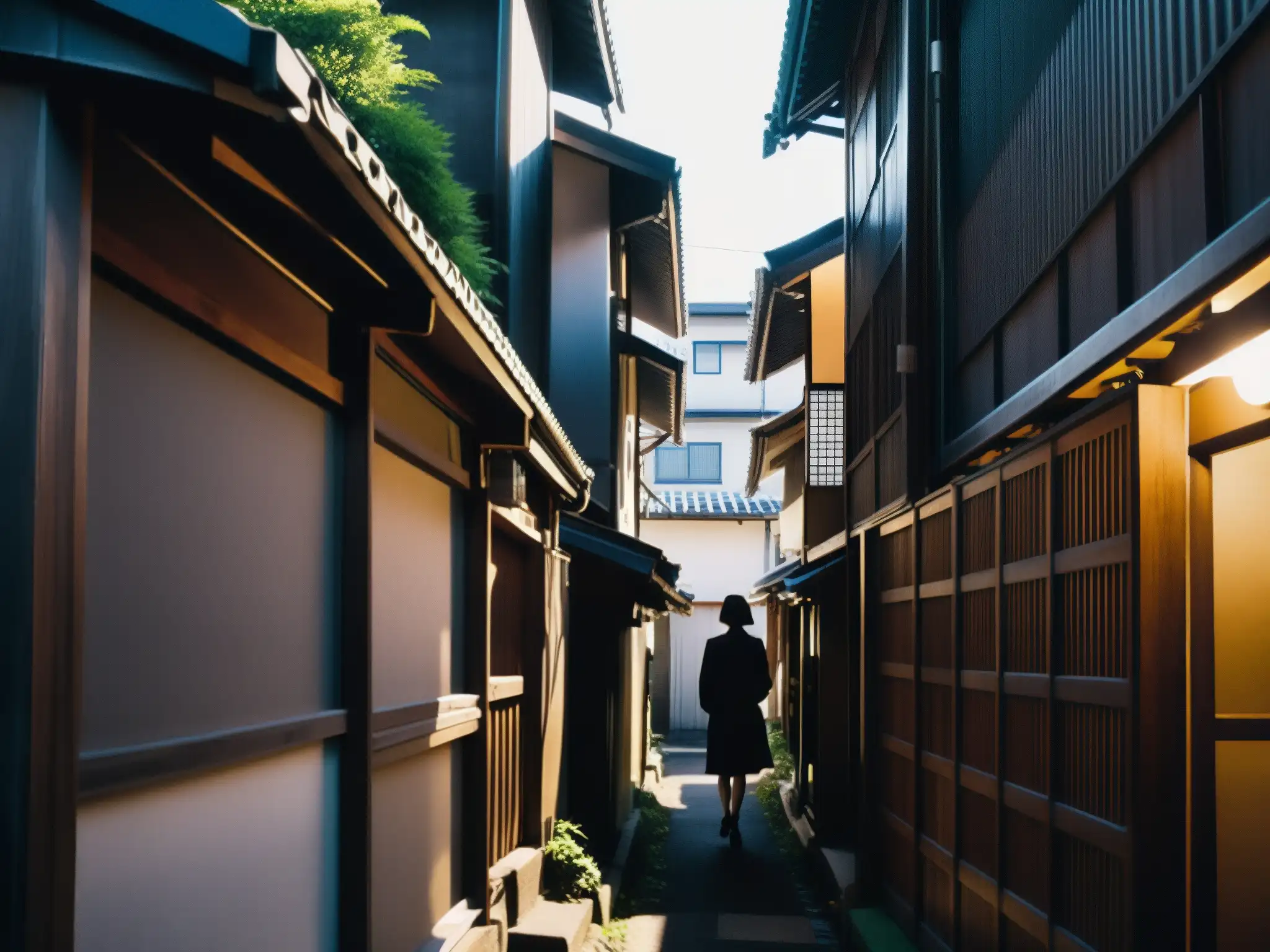 'Una estrecha callejuela urbana en Japón, con edificios altos y sombríos
