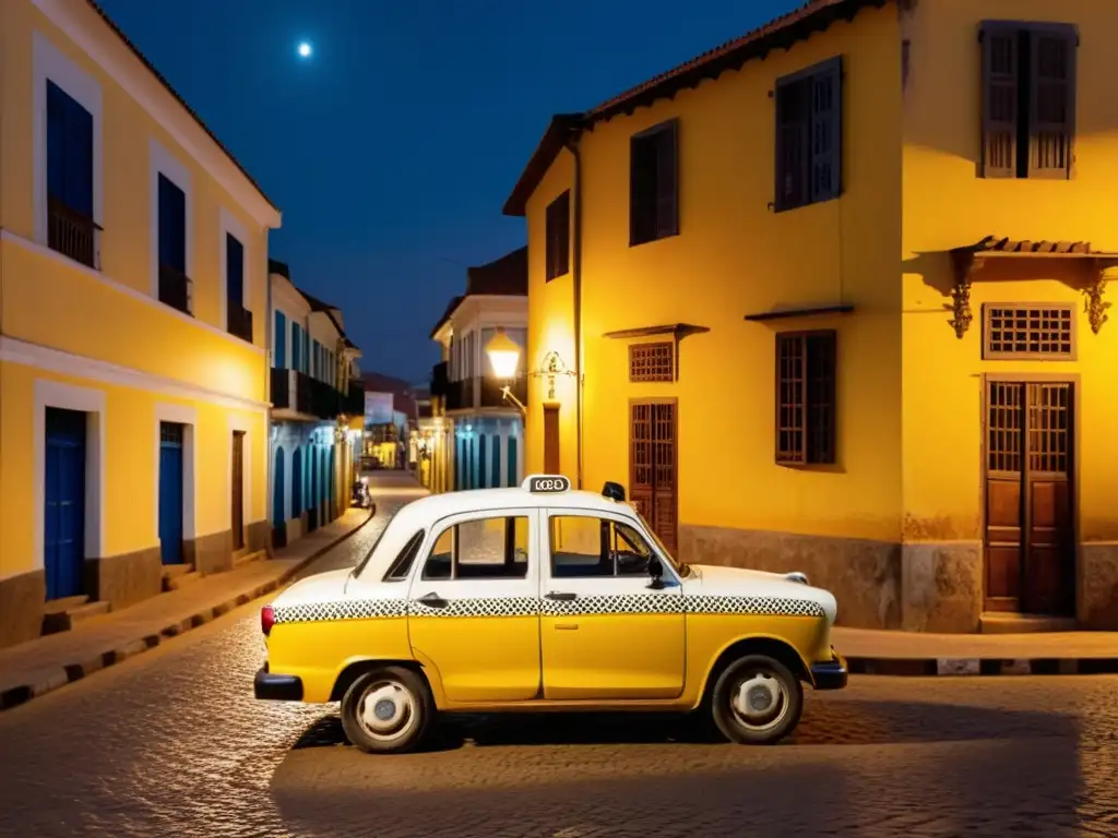En las estrechas y sinuosas calles de Porto Novo, un taxi fantasma amarillo vintage se funde en la misteriosa bruma nocturna