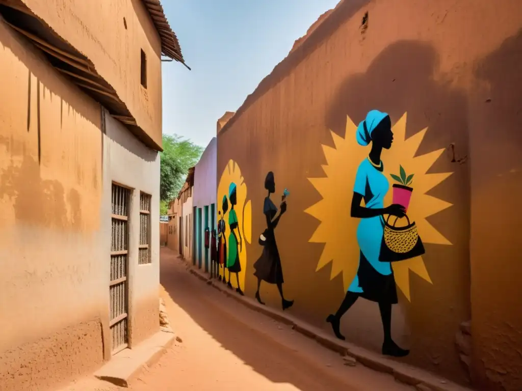 Estrecho callejón en Niamey con arte urbano del Ladrón de Sombras y niños jugando al fútbol