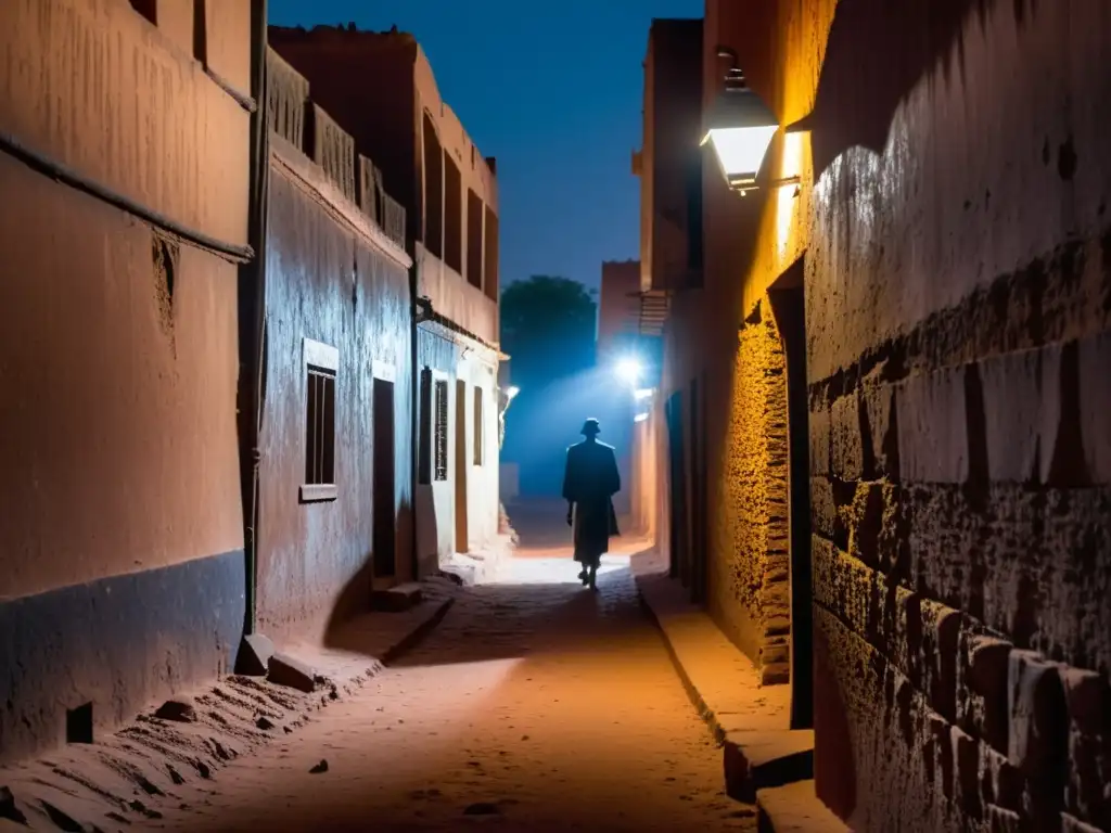 Estrecho callejón en Niamey, Níger, iluminado por una solitaria farola